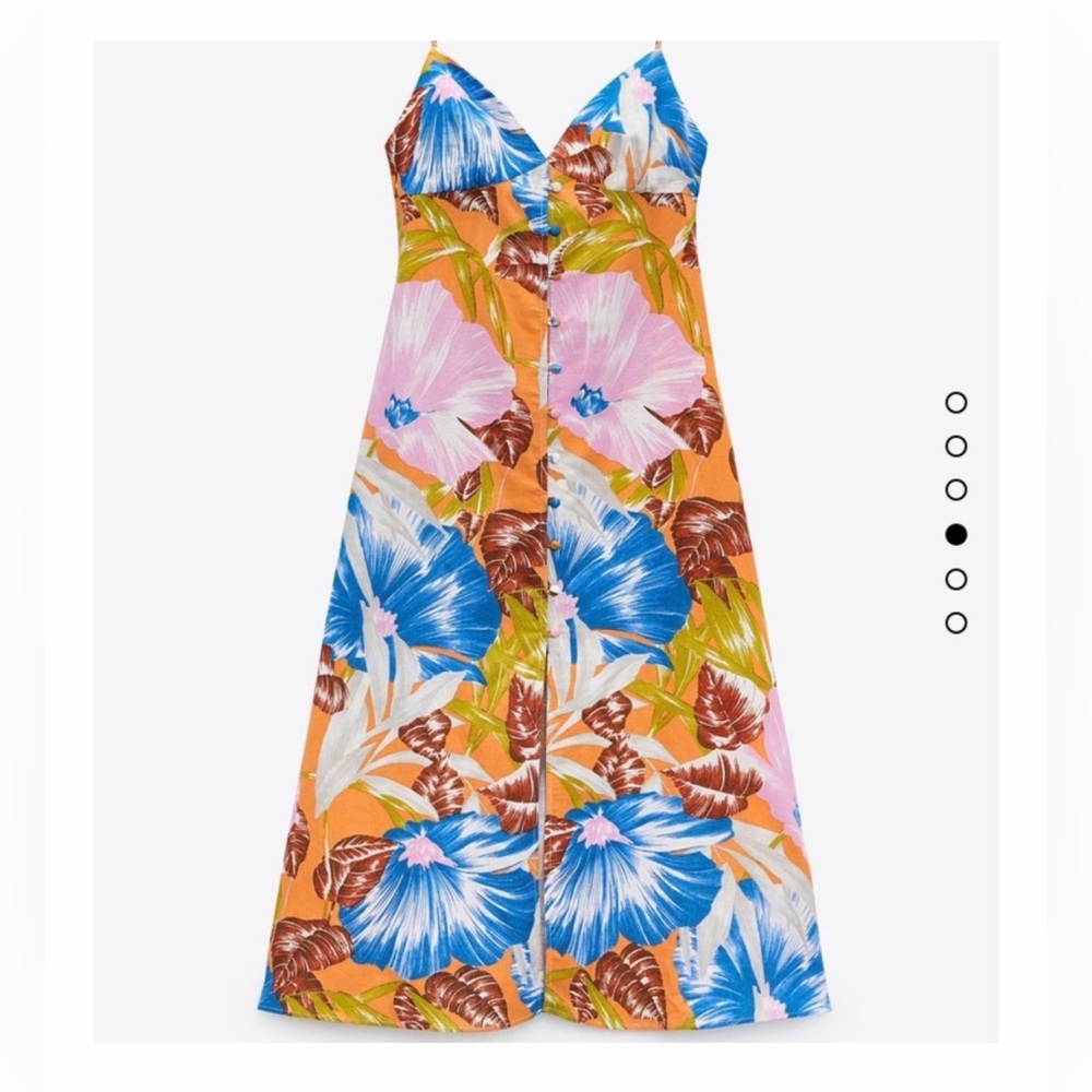 Zara Womens Linen Blend Midi Sundress Strappy Open Back Tropical Aloha Dress S
